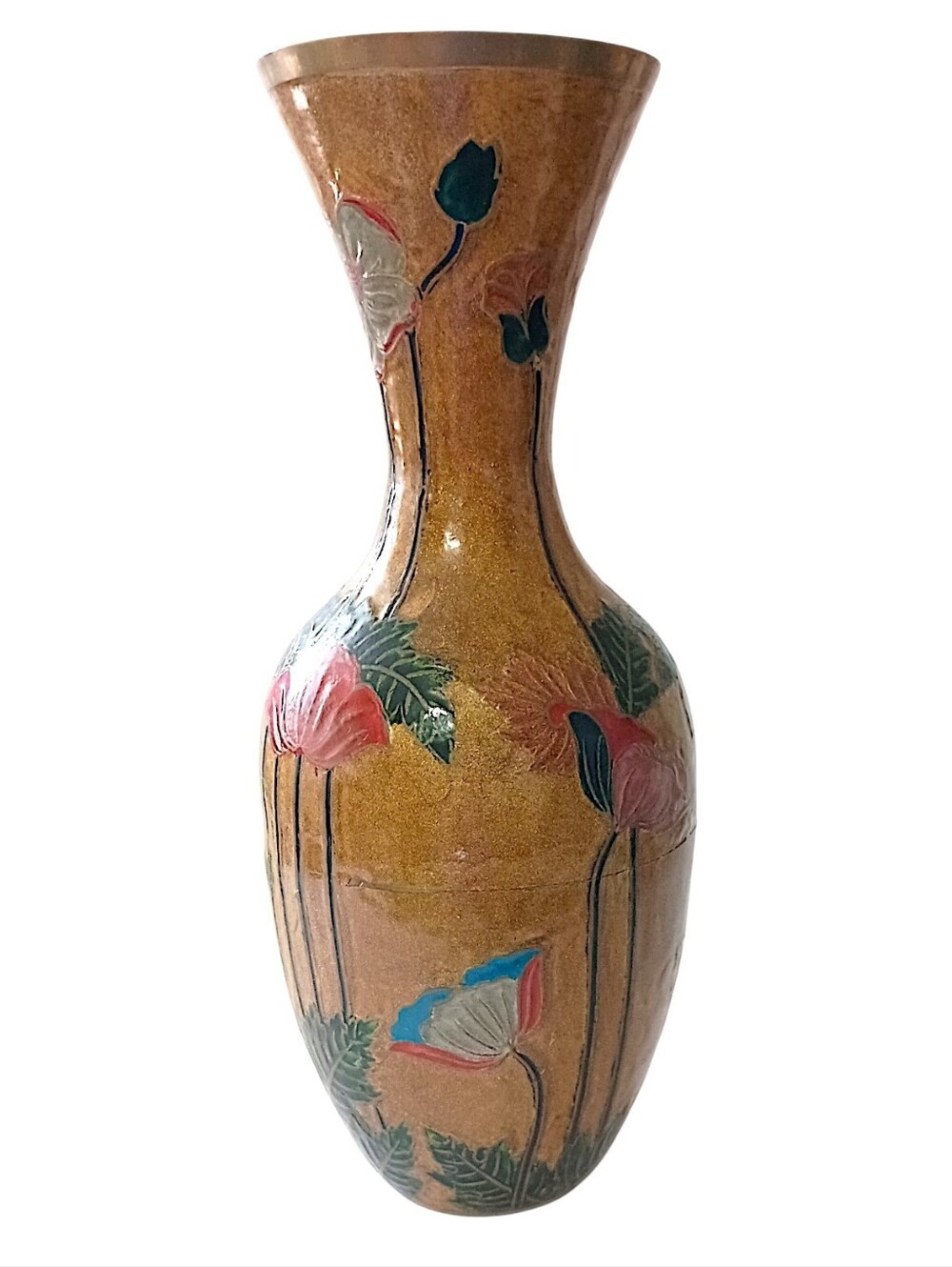 Vintage Enameled Brass Vase LARGE Cloisonne Champleve Ornate Etched Floral READ - Picture 12 of 16